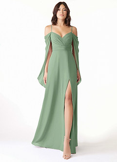 Azazie Cienna Robes de demoiselle d'honneur Robe Trapèze en Mousseline de soie Épaule décolletée Matcha image1