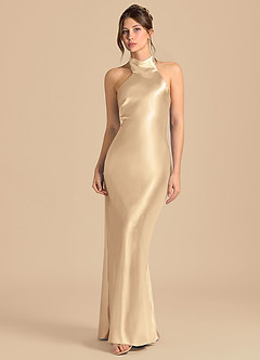 Azazie Velli Jurken voor bruidsmeisjes Jurk van Metaalachtig Satijn met Kolom Hoge Kraag Goud image4