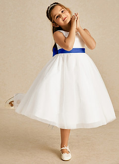Azazie Kavi Flower Girl Dresses Ivory Royal Blue A-Line Bow Matte Satin Dress image5