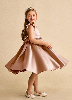 Azazie Dumpling Flower Girl Dresses Champagne Rose A-Line Bow Matte Satin Dress image5