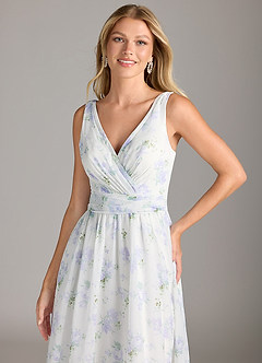 Azazie Kora Bridesmaid Dresses Blue Vintage Floral A-Line Pleated Chiffon Dress image5
