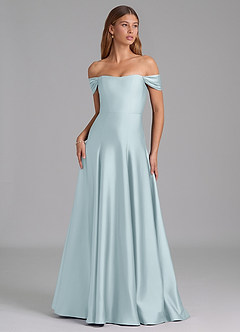 Azazie Seriana 신부 들러리 드레스 A라인 오프 더 숄더 스트레치 새틴 바닥 길이 드레스 image1