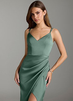 Azazie Leo Bridesmaid Dresses Eucalyptus Sheath Pleated Stretch Satin Dress image5
