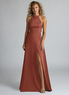 Azazie Clarice Bridesmaid Dresses Auburn A-Line High Neck Stretch Satin Dress image4