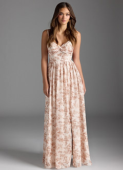 Azazie Zeya Brautjungfernkleider A-Linie V-Hals Gefaltet Chiffon Kleid Rosa Farn Blumen image1