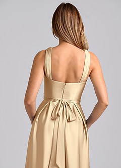 Azazie Dixie 신부 들러리 드레스 A라인 주름진 스트레치 새틴 바닥 길이 드레스 image2