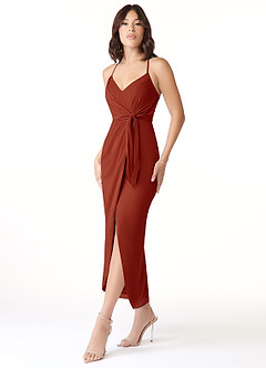 Azazie Ollie Bridesmaid Dresses Rust Sheath Ruched Stretch Chiffon Dress image3