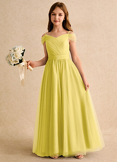Azazie Yuna Girls Formal Abiti da Ragazza di Fiori Abito A-Line in Tulle Spalle Scoperte Canarino image5