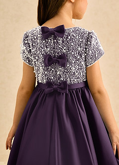 Azazie Cashew Flower Girl Dresses Plum Ball-Gown with Sleeves Matte Satin Dress image7