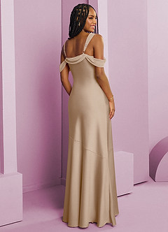 Barbie ♥ Azazie Jurken voor bruidsmeisjes Jurk van Stretch Satijn met Kolom Geplooid Taupe image9