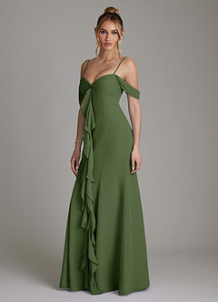 Azazie Karmela Bridesmaid Dresses Olive A-Line Off the Shoulder Chiffon Dress image5