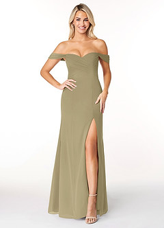 Azazie Joretta Final Sale Moss Green A-Line Off the Shoulder Chiffon Convertible Dress image1