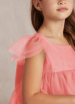 Azazie Kalio Flower Girl Dresses Coral A-Line with Sleeves Tulle Dress image3