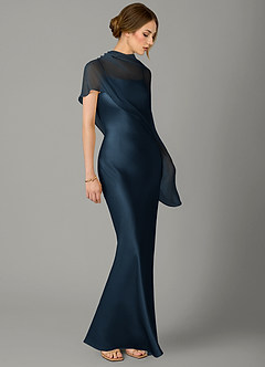 Azazie Jaleesa Bridesmaid Dresses Dark Navy Sheath High Neck Stretch Satin Dress image3