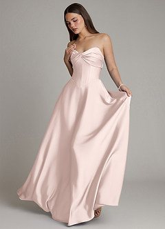 Azazie Meleena Bridesmaid Dresses Blushing Pink A-Line Strapless Stretch Satin Dress image5