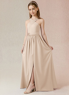 Azazie Jiya Junior White Alabaster A-Line Pleated Stretch Satin Dress image1