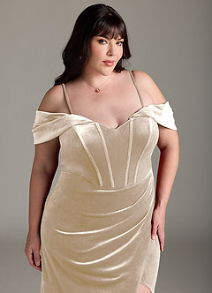 Azazie Jas Bridesmaid Dresses Champagne Sheath Off-The-Shoulder Corset Velvet Convertible Dress image18