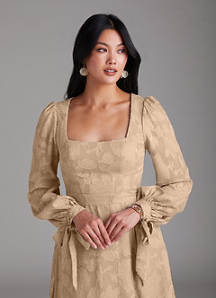 Azazie Leonia Bridesmaid Dresses Champagne A-Line Long Sleeve Floral Burnout Dress image6