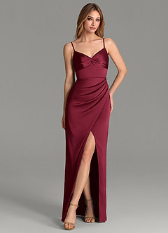 Azazie Emersyn Bridesmaid Dresses Burgundy Sheath Pleated Stretch Satin Dress image4
