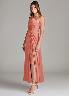 Azazie Brooke Bridesmaid Dresses Salmon Pink A-Line One Shoulder Stretch Satin Dress image5