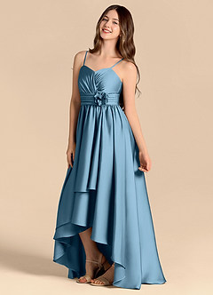 Azazie Catalina Junior Abito A-Line in Raso Elasticizzato Scollo a Cuore Blu Acciaio image7