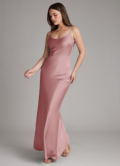 Azazie Ambra At-home Try On Dresses Dusty Rose Mermaid Pleated Stretch Satin Dress image3