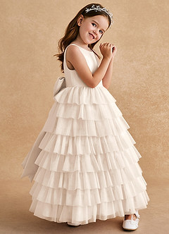 Azazie Twinkle Toes Flower Girl Dresses White Alabaster A-Line Bow Tulle Dress image3