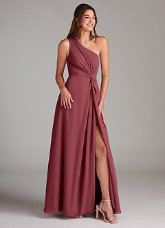 Azazie Brooke Vestidos de damas de honor Vestido de Merlot de Gasa de Corte en A con Hombro unilateral image4