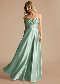 Azazie Oliana Bridesmaid Dresses Agave A-Line Pleated Metallic Satin Dress image2
