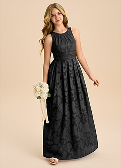 Azazie Bibiane Junior Abito A-Line in Burnout Floreale Plissettato Nero image3