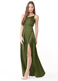 Azazie Naomie Bridesmaid Dresses Olive A-Line Cowl Neckline Side Slit Stretch Satin Dress image4