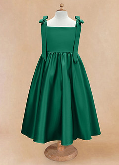Azazie Chelsie Flower Girl Dresses Emerald A-Line Bow Matte Satin Dress image5