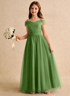 Azazie Yuna Girls Formal Flower Girl Dresses Basil A-Line Off the Shoulder Tulle Dress image5
