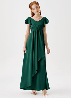 Azazie Omari Junior Emerald A-Line Pleated Stretch Satin Dress image3