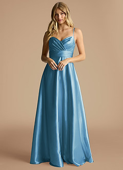 Azazie Oliana Bridesmaid Dresses Steel Blue A-Line Sweetheart Neckline Metallic Satin Dress image1