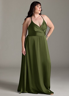 Azazie Davis Robes de demoiselle d'honneur Robe Trapèze en Satin extensible Plissée Olive image9