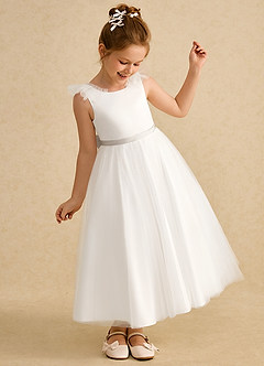 Azazie Amber Robe Demoiselle D'honneur Fillette Robe Trapèze en Tulle Arc Ivoire Givre image2