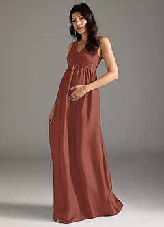 Azazie Yetta Maternity Bridesmaid Dresses A-Line Pleated Stretch Satin Floor-Length Dress image1