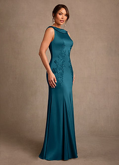 Azazie Franny Mother of the Bride Dresses Ink Blue Sheath Lace Stretch Satin Dress image3