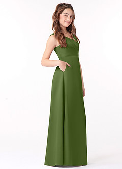 Azazie Sadia Junior Vestido Zimbro de Cetim elástico de Linha A com Plissado image2