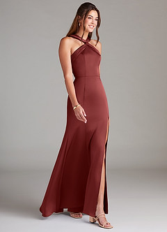 Azazie Rue Bridesmaid Dresses Terracotta Mermaid Pleated Stretch Satin Dress image4