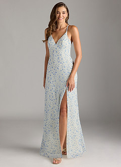 Azazie Becca Robes de demoiselle d'honneur Robe Fourreau en Mousseline de soie Col en V Floral Azur image3