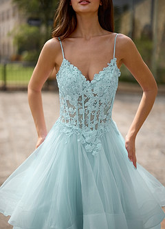 Spitze Blauw Doorschijnende kanten galajurk image7