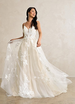 Azazie Lorenza Wedding Dresses Diamond White Champagne A-Line V-Neck Sequins Tulle Dress image6