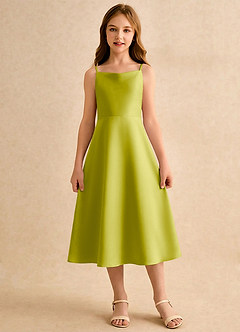 Azazie Jaella Girls Formal Blumenmädchenkleider A-Linie Plissee Matte Satin Kleid Zitronengras image3