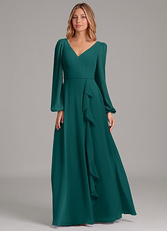 Azazie Simone Bridesmaid Dresses Peacock A-Line Long Sleeve Chiffon Dress image5