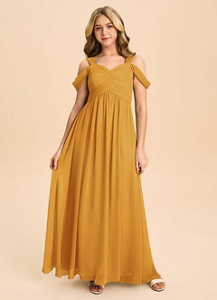 Azazie Lianne Junior Butterscotch A-Line Off the Shoulder Chiffon Dress image2