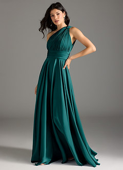 Azazie Charlize Robes de demoiselle d'honneur Robe Trapèze en Satin extensible Ue épaule Paon image4
