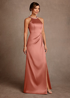 Azazie Lawrence Abiti per la Madre della Sposa Abito A-Line in Raso Elasticizzato Plissettato Salmone Rosa image4