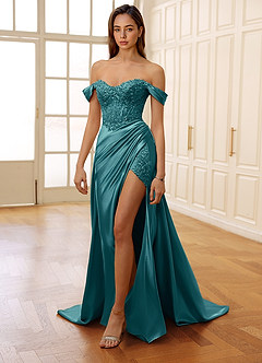 Rowane Peacock Blue Corset Rhinestone Sheer Lace Prom Dress image6